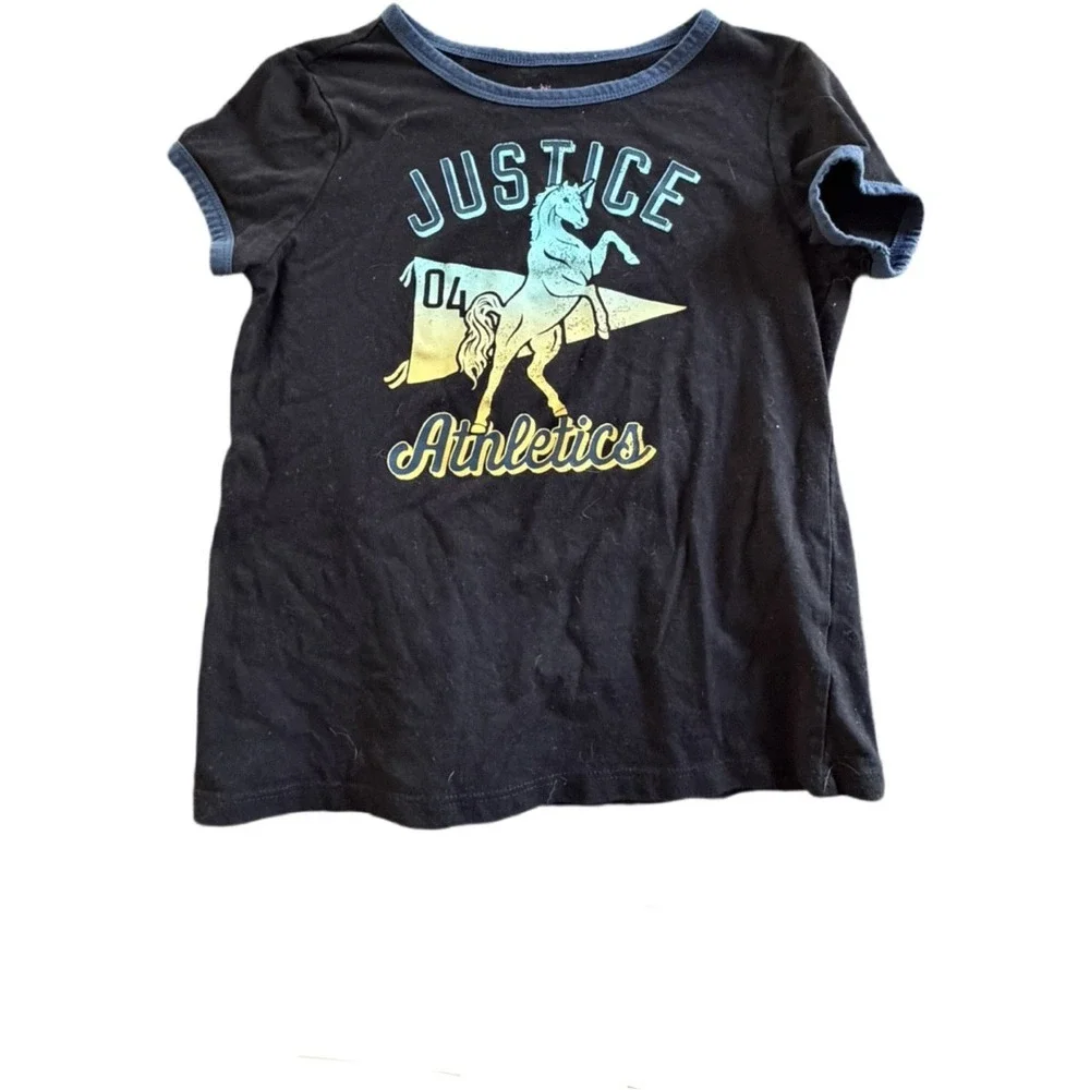 Justice Athletics Unicorn Graphic T-Shirt Girls Small 7/8 Black Short Sleeve